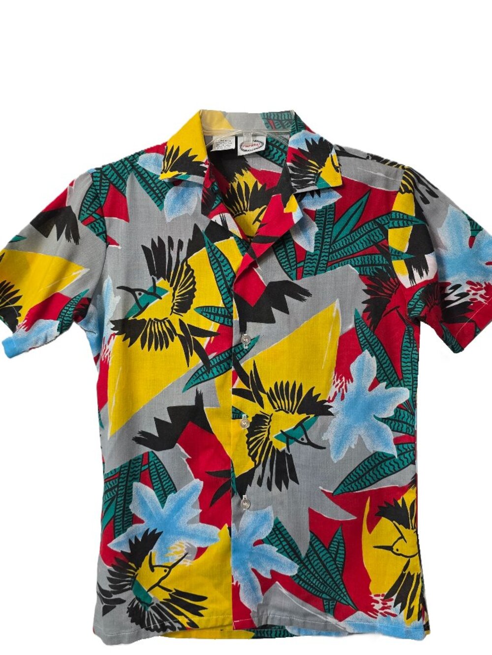 Vintage Tropical Button Front Shirt 12 Boys Bird Floral Ethnic Red Beach 70s 80s